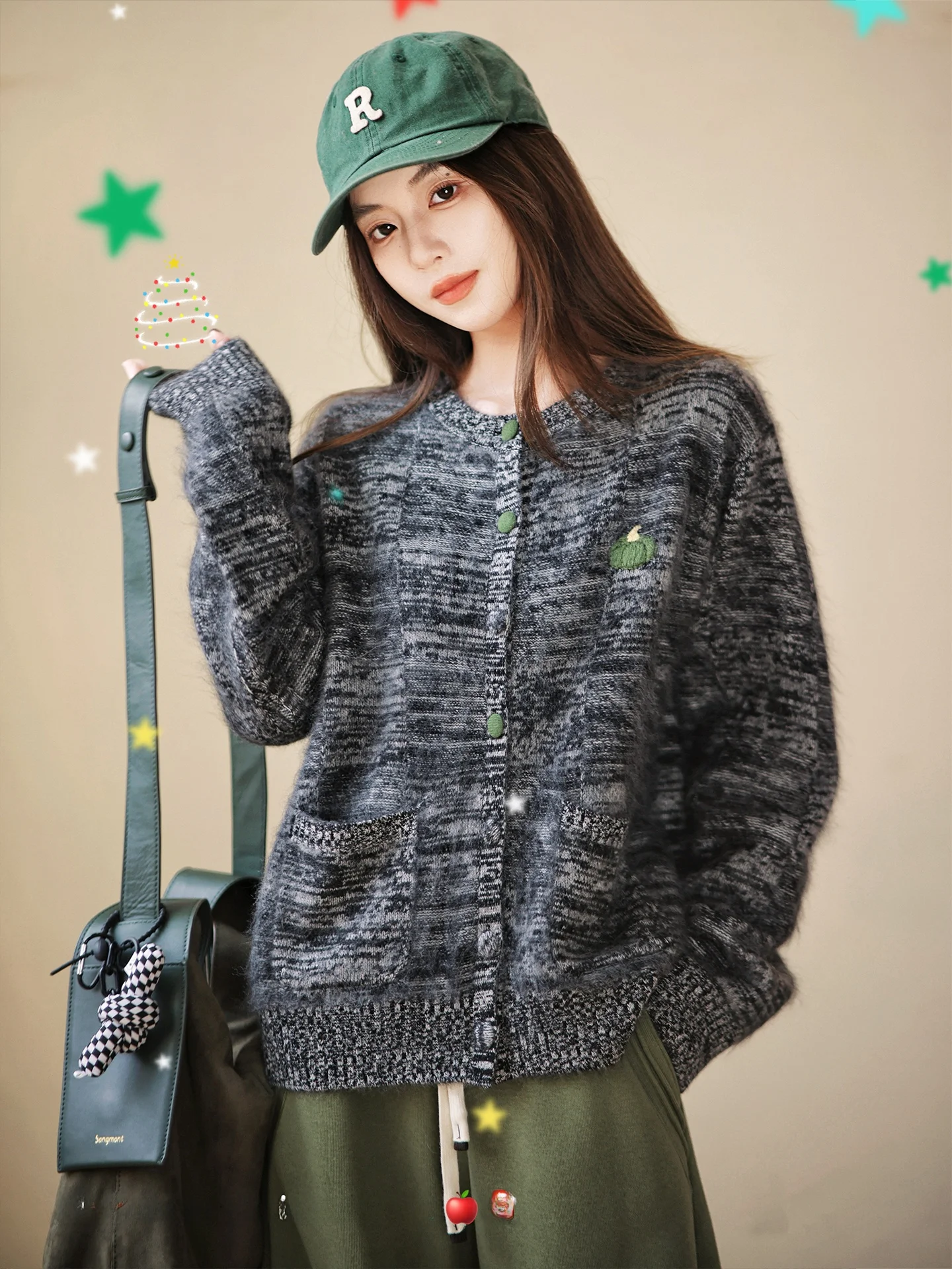 

ZhaodaXi Women's Knitted Cardigan Fce Crt Kiwi Flower Silk round Ne 3D Top Long Sve Wool Camere Fce Proc