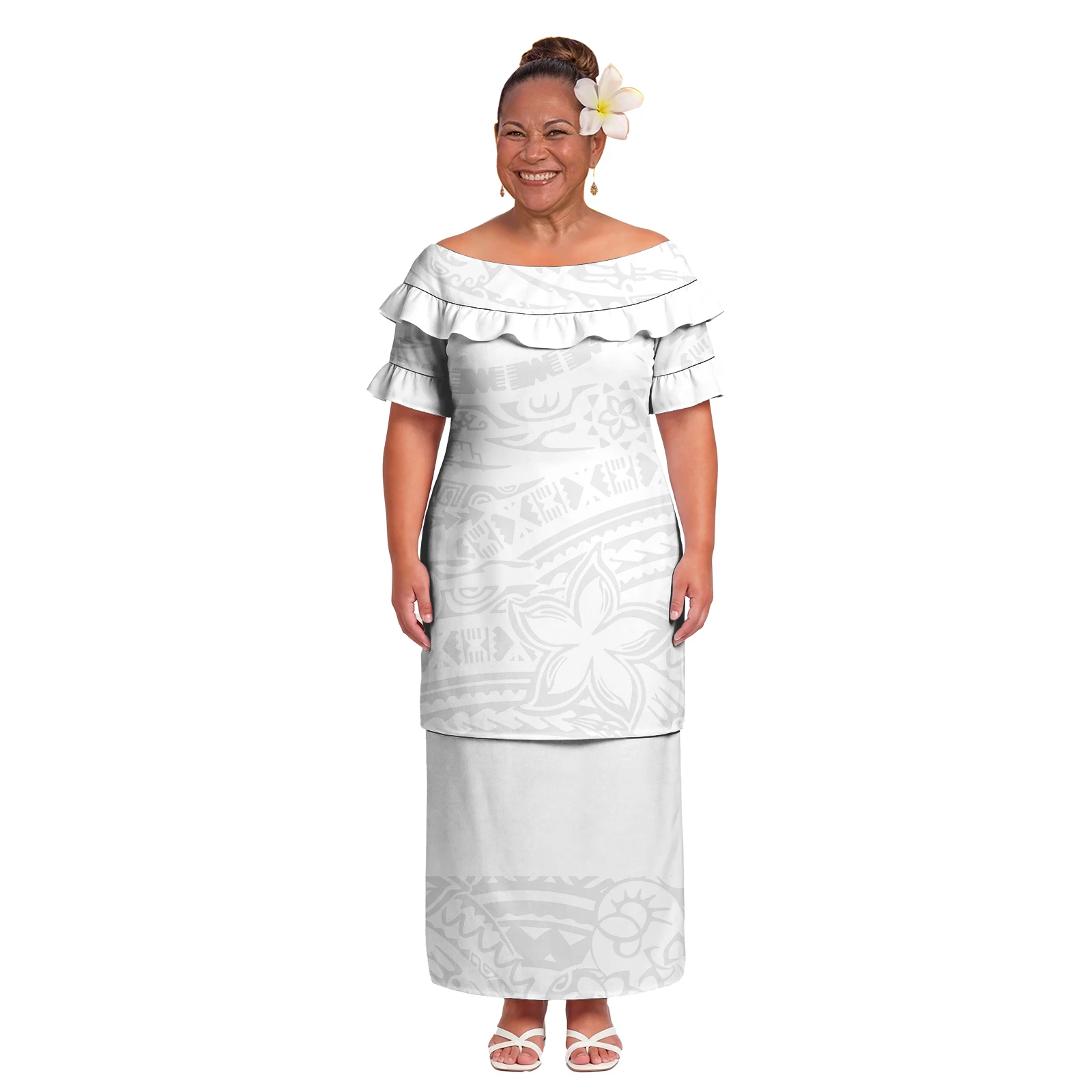 

In Bulk Polynesian Plus Size Ladies Elegant Puletasi Set Hawaiian Women White Dress Samoan Mother's Day Custom White Puletasi