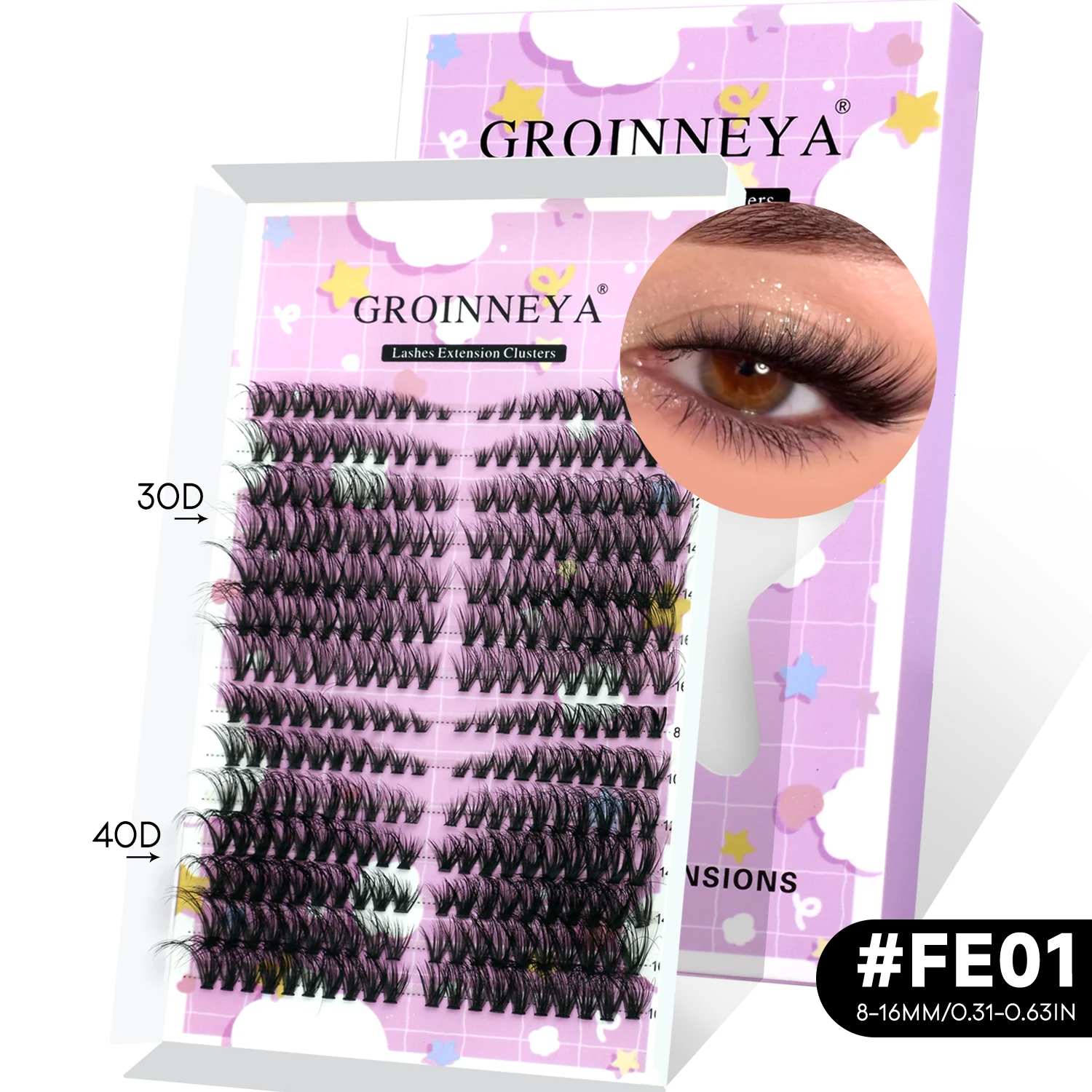 GROINNEYA Wimpern-Cluster-Set mit natürlichen Katzenwimpern, Wimpernbindung und Versiegelung, Cluster-Set, geflügeltes Ende, Auge, längliches DIY zu Hause – Detail 7