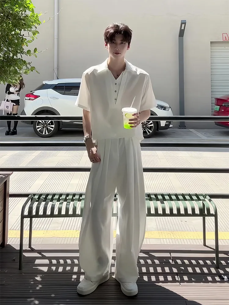 White V-Neck Short Sleeve Ice Silk Men's Shirt Casual Style Summer Fashionable Loose Fit Four-In-One Design T-Shirt
