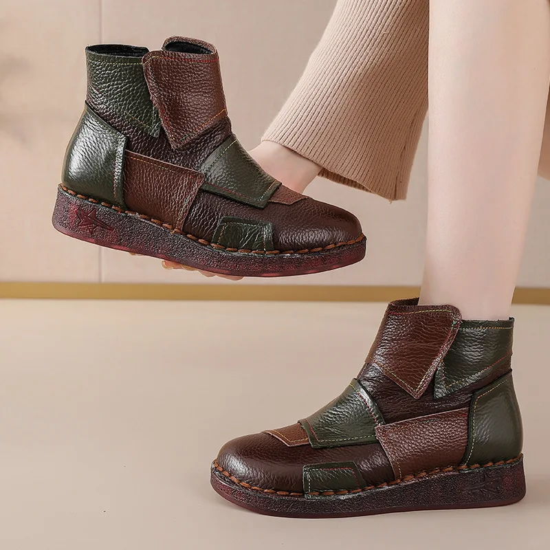 

Designer patchwork short barret ankle boots woman geunine leather shoes 2025 retro thin and thick fleece-lined modern boots