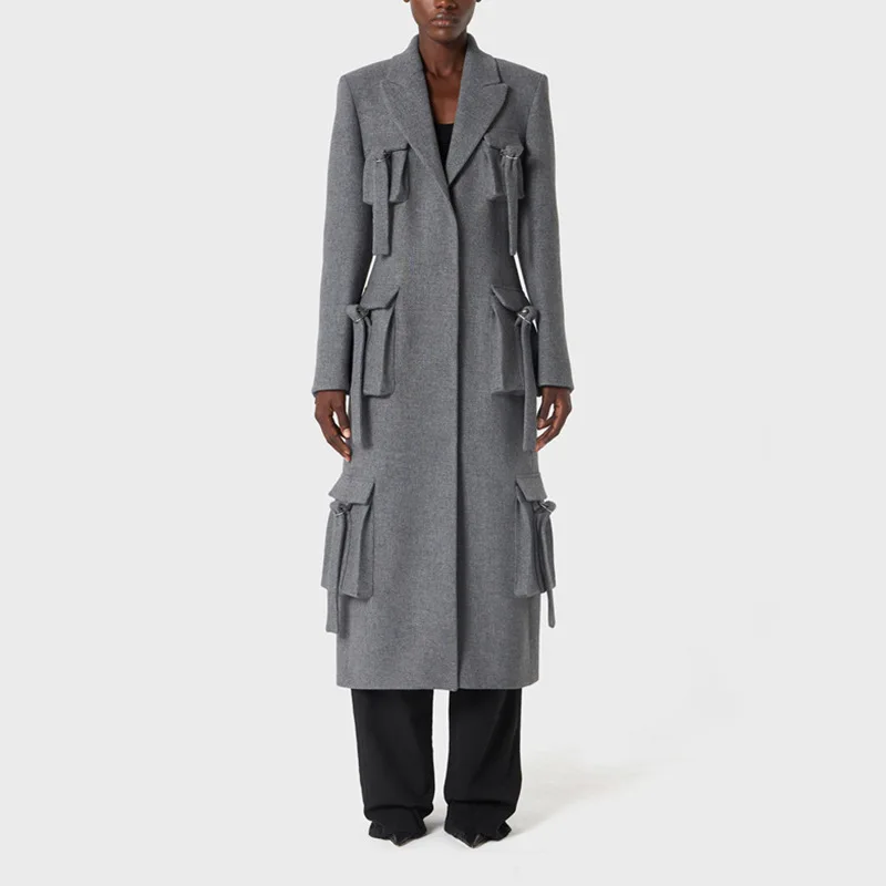 

Женский длинный пиджак облегающего кроя, осенне-зимний модный декоративный дизайн с несколькими карманами для стильной профессиональной одежды