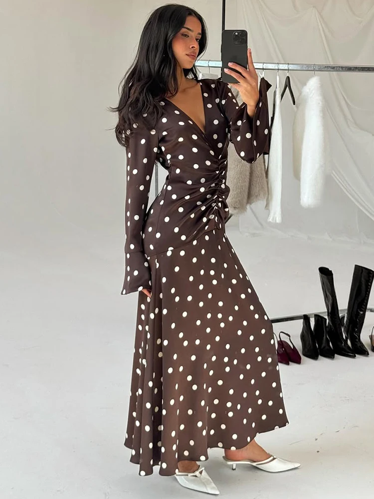 Trendix Brown Dot Print Maxi Dresses Femme Vintage Slim Pleated Long Sleeve Dress Autumn New Party Sexy V Neck Long Dress 2025