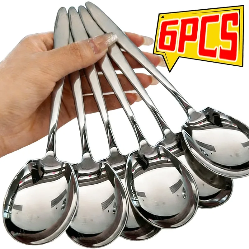 6/1 Stück Große Edelstahl-Suppenlöffel mit Verstärktem Langem Griff, Esslöffel, Tafellöffel mit Großem Kopf, Küchenutensilien