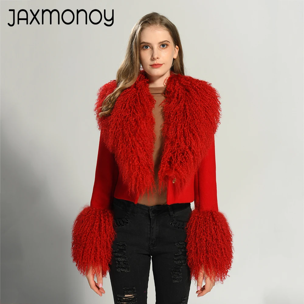 Jaxmonoy Cashmere Wool Blend Jacket for Women Real Mongolian Sheep Fur Coat Ladies Winter Fashion Short Wool Coats Female Fall