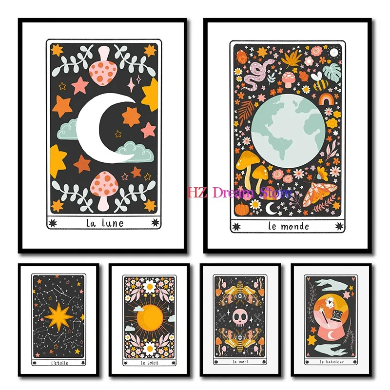 Le Soleil Sun La Lune Moon Le Monde World Tarot Card Poster and Print Canvas Painting Wall Art Picture for Room Home Decor