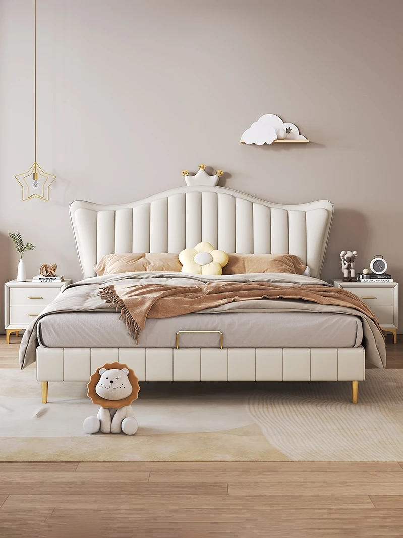 Children's bed for girls modern minimalist white crown princess bed upholstered leather bedroom