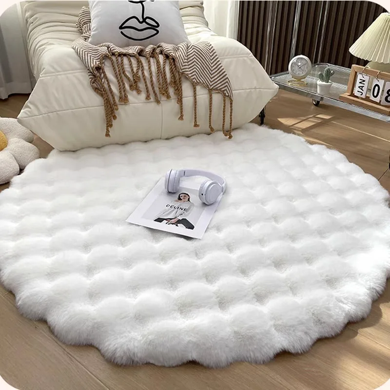 Round Bubble Fleece Fabric Simple Solid Color Fluffy Soft Area Rug Furry Warm Cute Indoor Decorative Carpet Bedside Floor Mat