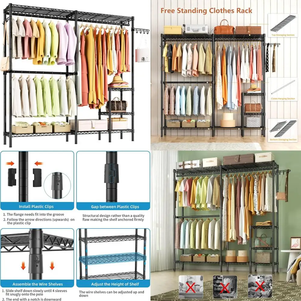 

Large Metal Heavy Duty Garment Rack with Adjustable 4-Tier Wire Shelves and 3 Hangers for Hanging Clothes