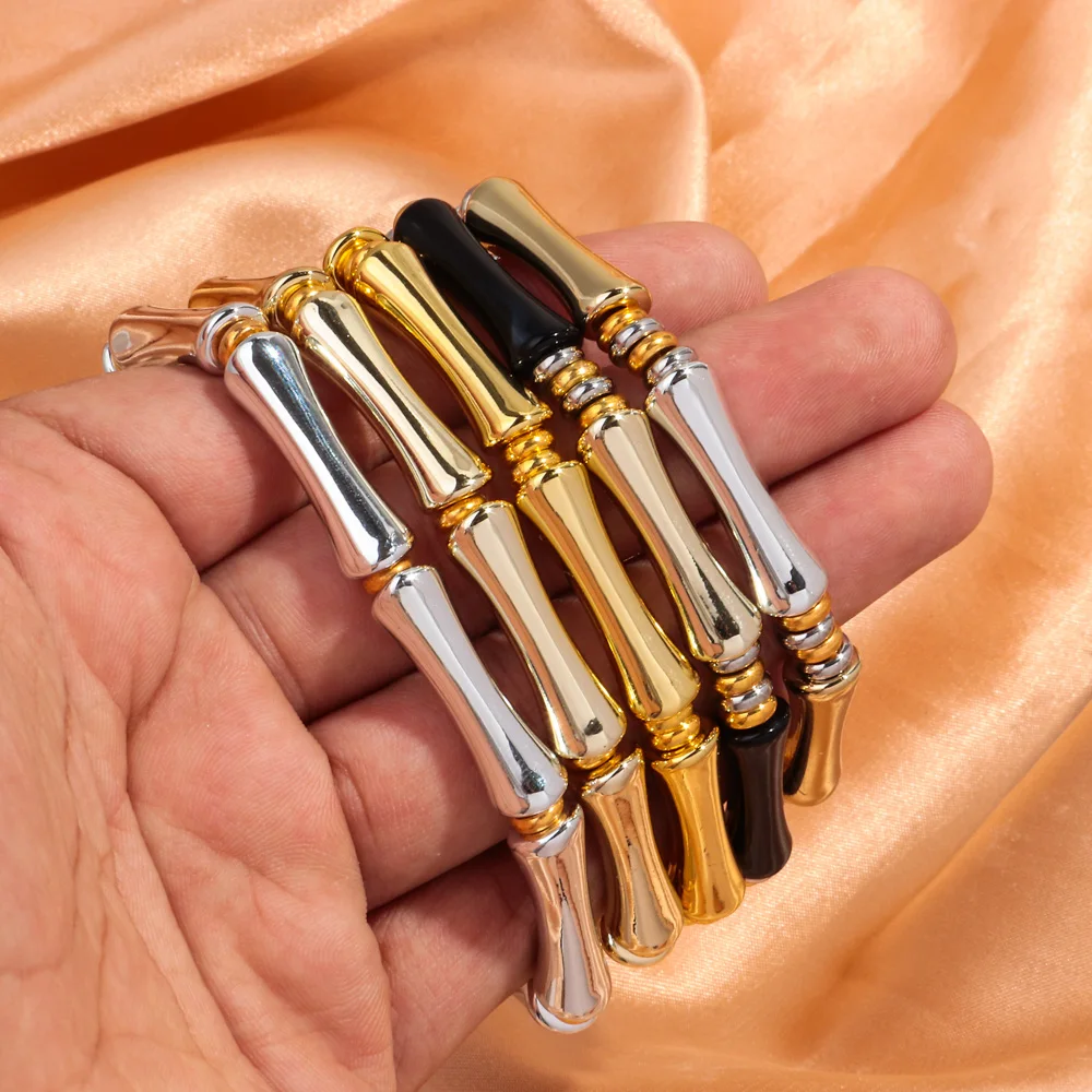 3pcs Gold Color Acrylic Bamboo Elbow Elastic Bracelets for Women Vintage Resin Thin Curved Tube Stackable Bangle Fashion Jewelry