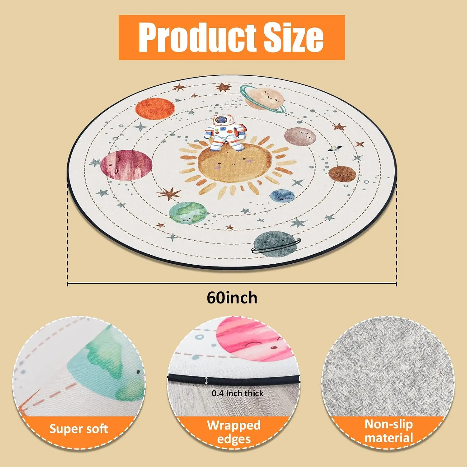 Cute Space Planets Rug for Nursery Kids Decor Solar System Astronaut Play Mat Toddler Educational Cosmic Galaxy Washable Floor C