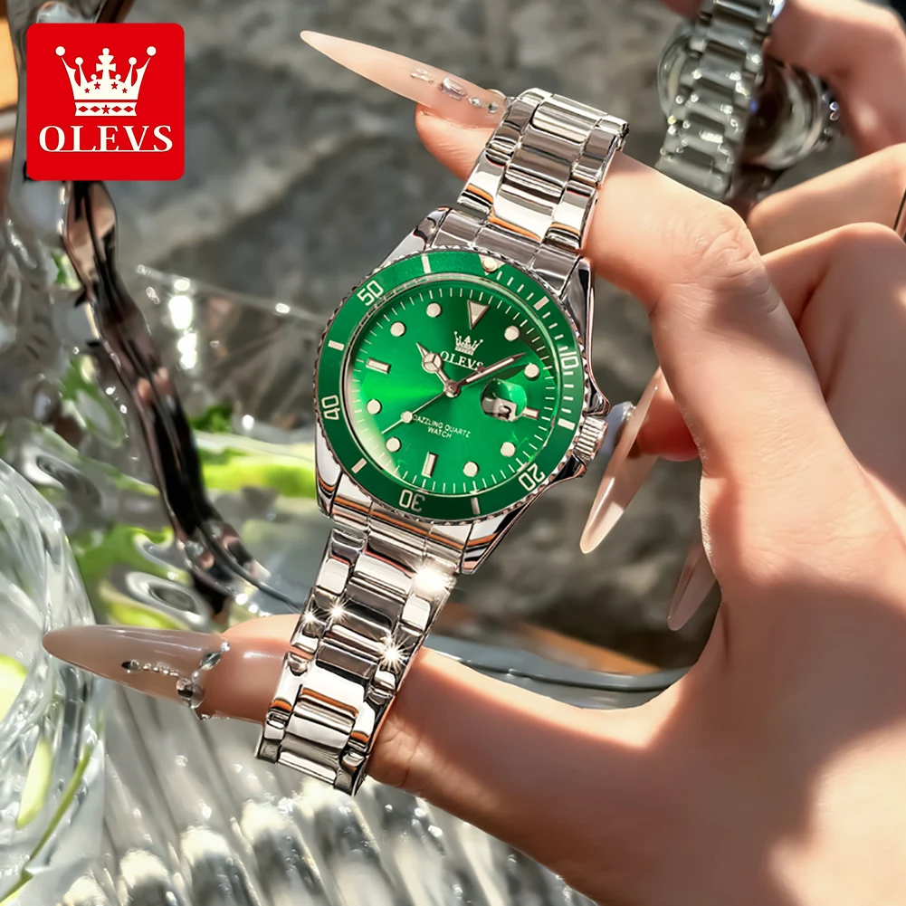 OLEVS 5885 Jam Tangan Wanita Asli Jam Tangan Kuarsa Mewah Terbaik Jam Tangan Tanggal Bercahaya Tahan Air Dial Hijau Klasik Jam Tangan Wanita Asli