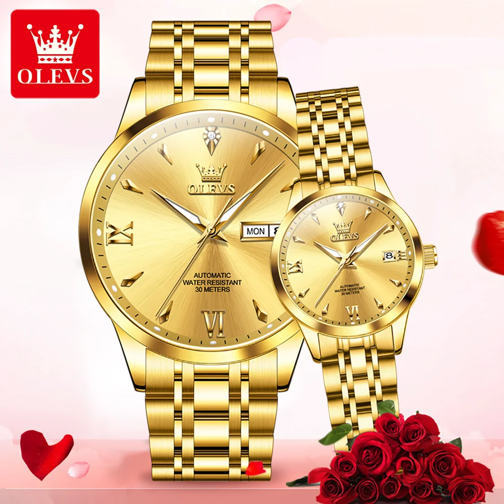 OLEVS 9956 Couple Watch for Men Women Ducal Calendar Diamond Roman Scale Luxury Business Lover's Automatic Mechanical Wristwatch