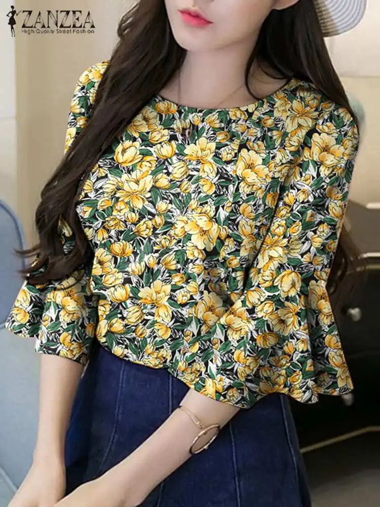 ZANZEA Women Ruffled Half Sleeve Tops Office Lady Round Neck Blouse Vintage Summer Floral Printed Tunics Holiday Bohemian Blusas