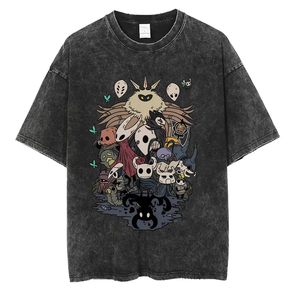 Washed Vintage Game Hollow Knight Graphic Print T Shirt Men Women Fashion Casual Oversized Short Sleeve T-shirt Tops Streetwear