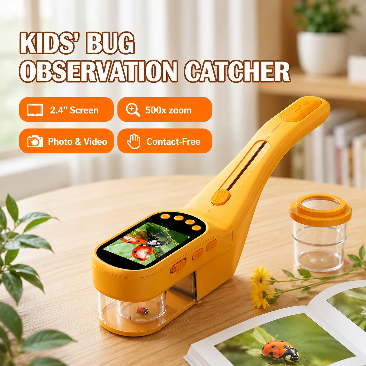 500X Kids Bug Catcher Microscope With 8 LED 2.4 Inch IPS Screen, Portable Handheld Insect Observation Microscope Idea for Gift
