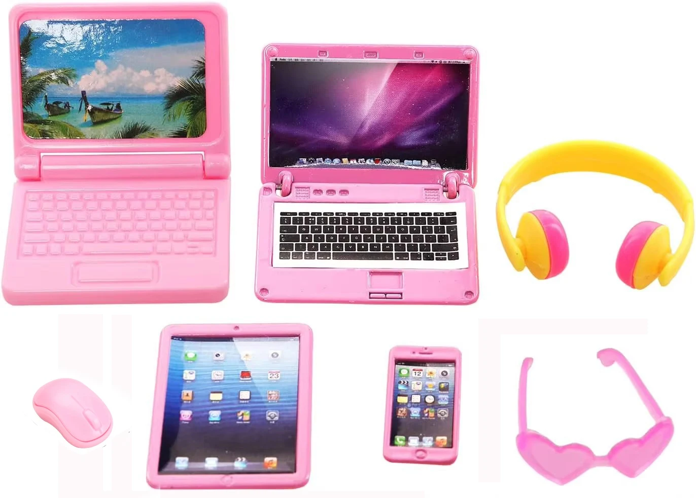 6 PCS Doll Accessories Mini Metal Computer Phone Headset Sunglasses Set Dollhouse Computer Playset for 11.5inch Doll Best Gift