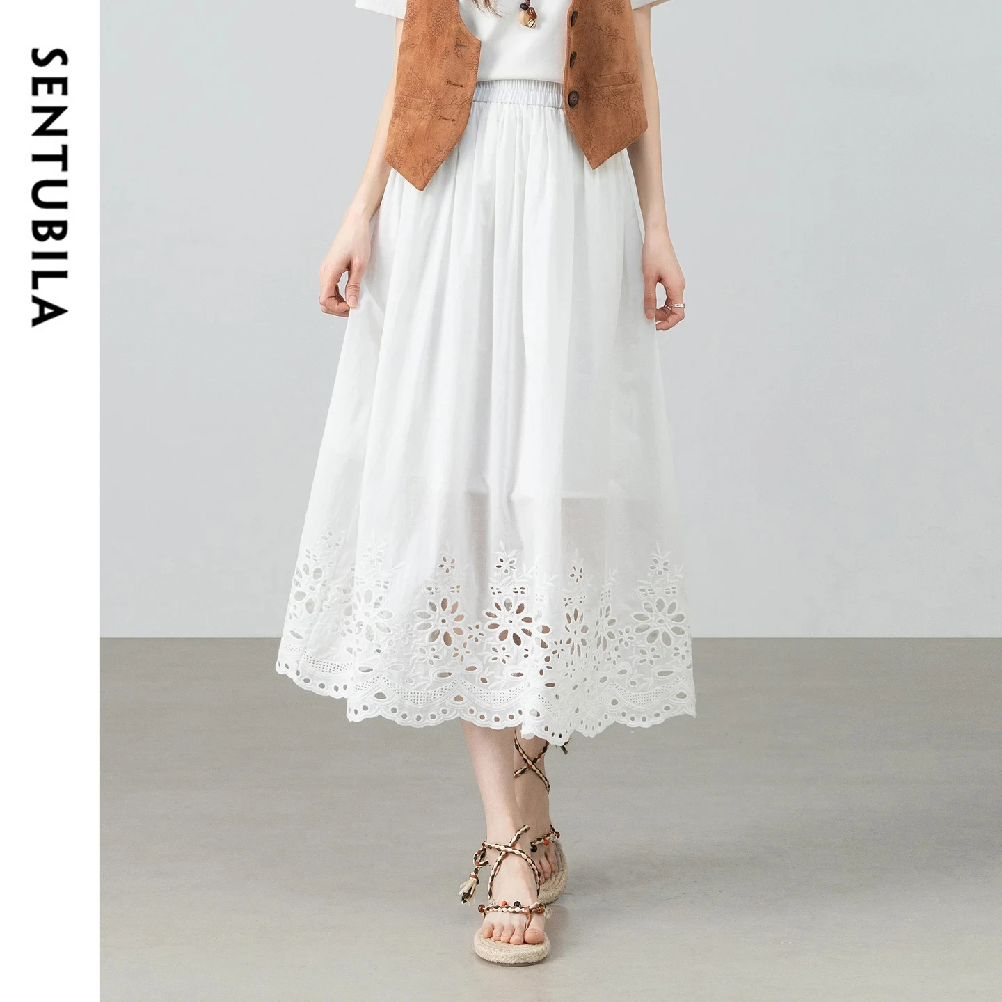 

SENTUBILA Women's 100% Cotton Midi Skirt 2026 Summer New White Cut Out Embroidery Elastic Waist Loose A-Line Skirt 162QA6102