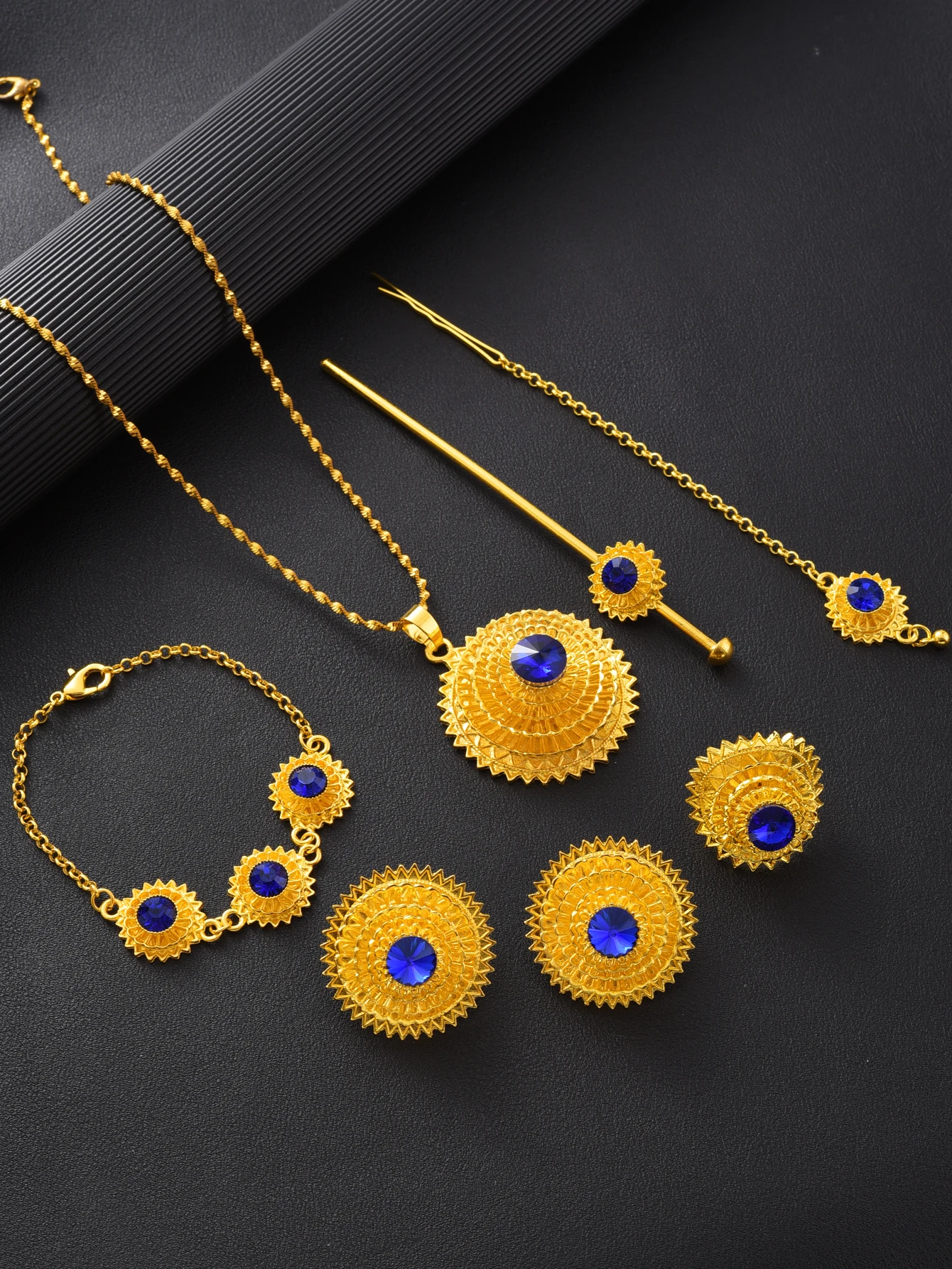 Golden Color Ethiopian Jewelry Set Blue Diamond Hairpin Head Chain Bracelet 6-Piece Set African Eritrean Wedding Engagement Gift