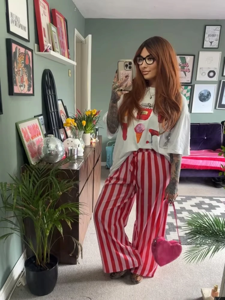 GG  Casual Striped Pants Women Loose Elastic Waist Lace Up Wide Legs Straight Trousers Female Summer New Chic Soft Pants Lady