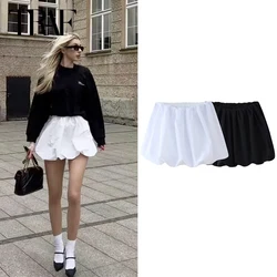 TRAF Puff Short Skirt Black Balloon Skirts For Women Summer Mini High Waist White Skirt Woman Ruched Casual Lantern Girls Skirt