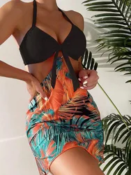 Ensemble de bikini de style jupe à bretelles pour femmes, maillots de bain sexy, imprimé floral, anneaux de créateur, couverture de maillot de bain, bain trempé, nouveau, 2024