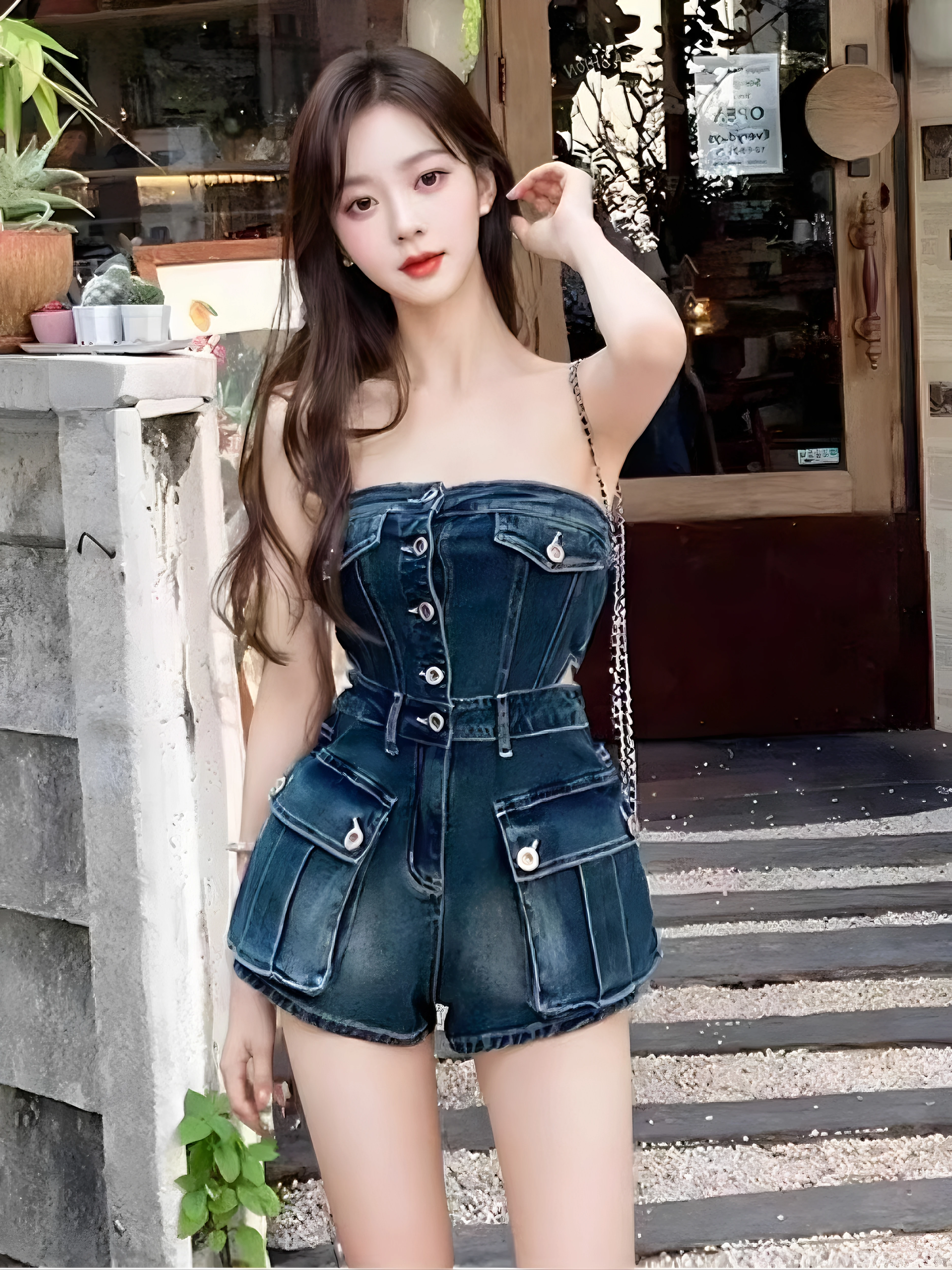 

Hot Girl Denim Overalls Short Pants High Waist Workwear Style Big Pockets Hollow out Waist Show Women's Jumpsuits Pants
