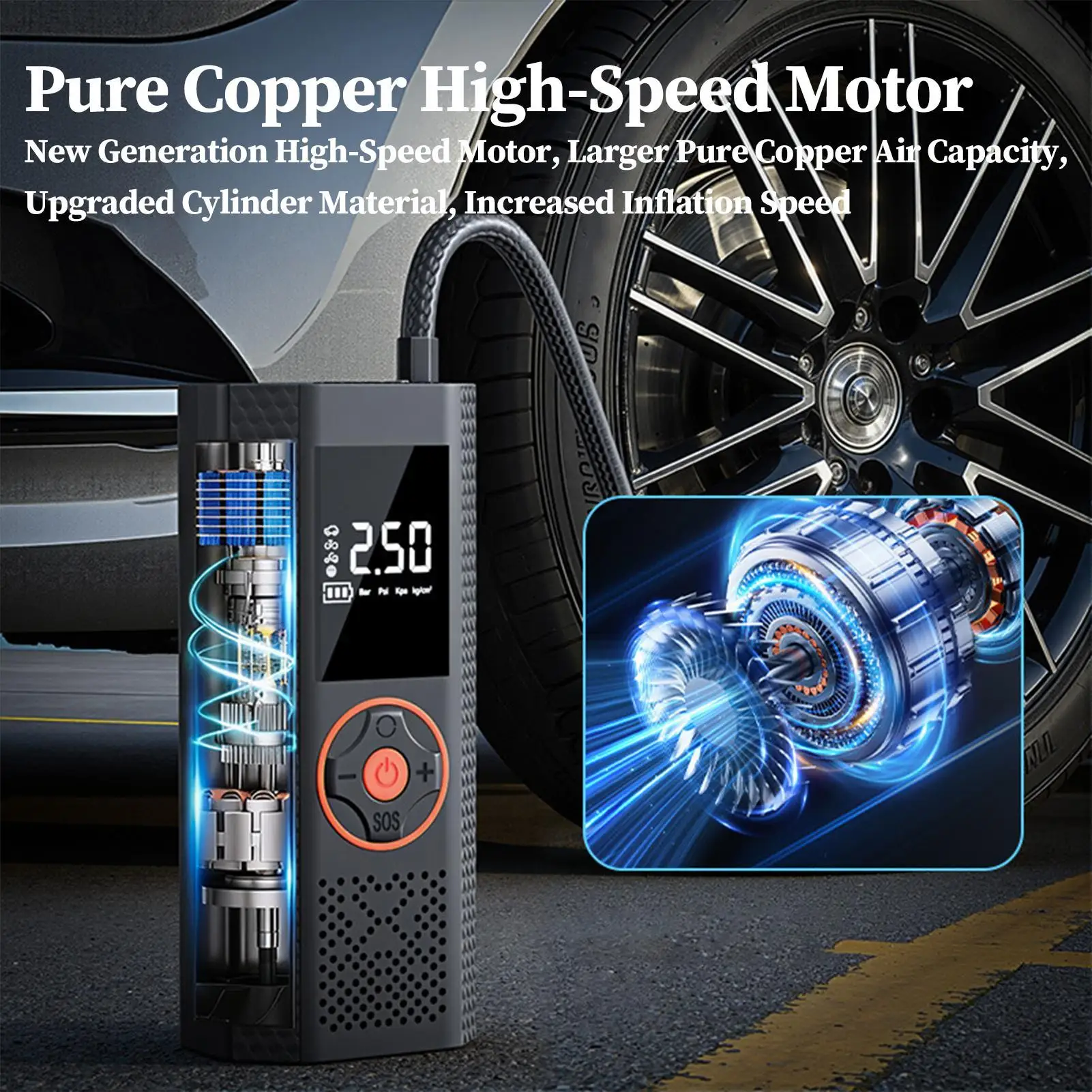 مضخة هواء كهربائية قابلة لإعادة الشحن، مضخة نفخ إطارات السيارة اللاسلكية للدراجات النارية، سكوتر كهربائي #3