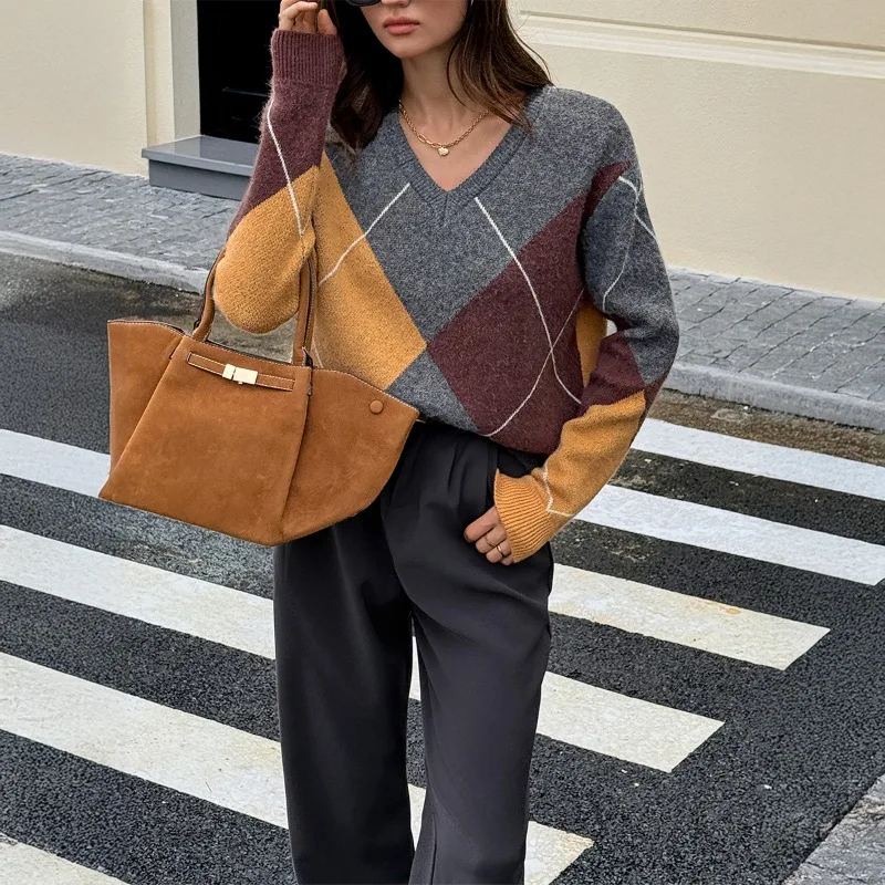 

Женский осенне-зимний универсальный свитер с круглым вырезом, повседневный, простой, с цветовыми блоками, шерстяной, с длинными рукавами