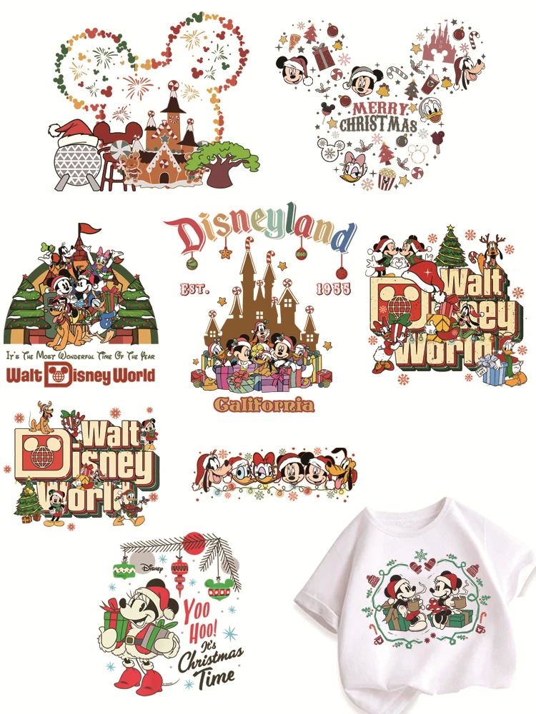 Parches con estampado de Minnie de Feliz Navidad de Disney para ropa, pegatinas térmicas para niños, apliques de rayas DIY