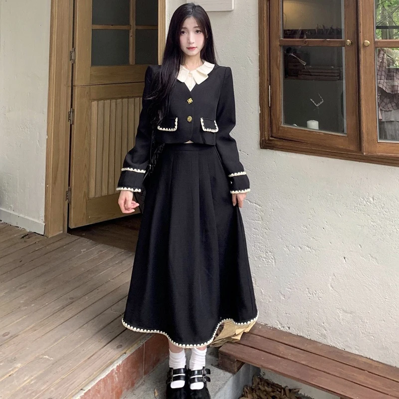 French Two-Piece Set Women Black Single Breasted Cropped Long Sleeve Coat Elegant Sweet Pretty Style Skirt Set Fashion Suits