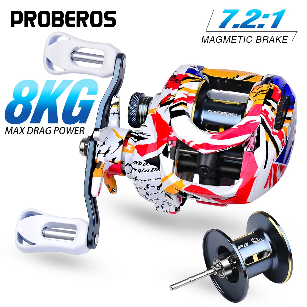 Proberos Fishing reel 7.2:1 Gear Ratio Metal Colorful Fishing Reel 8KG Max Drag Baitcasting Wheel Magnetic Brake System