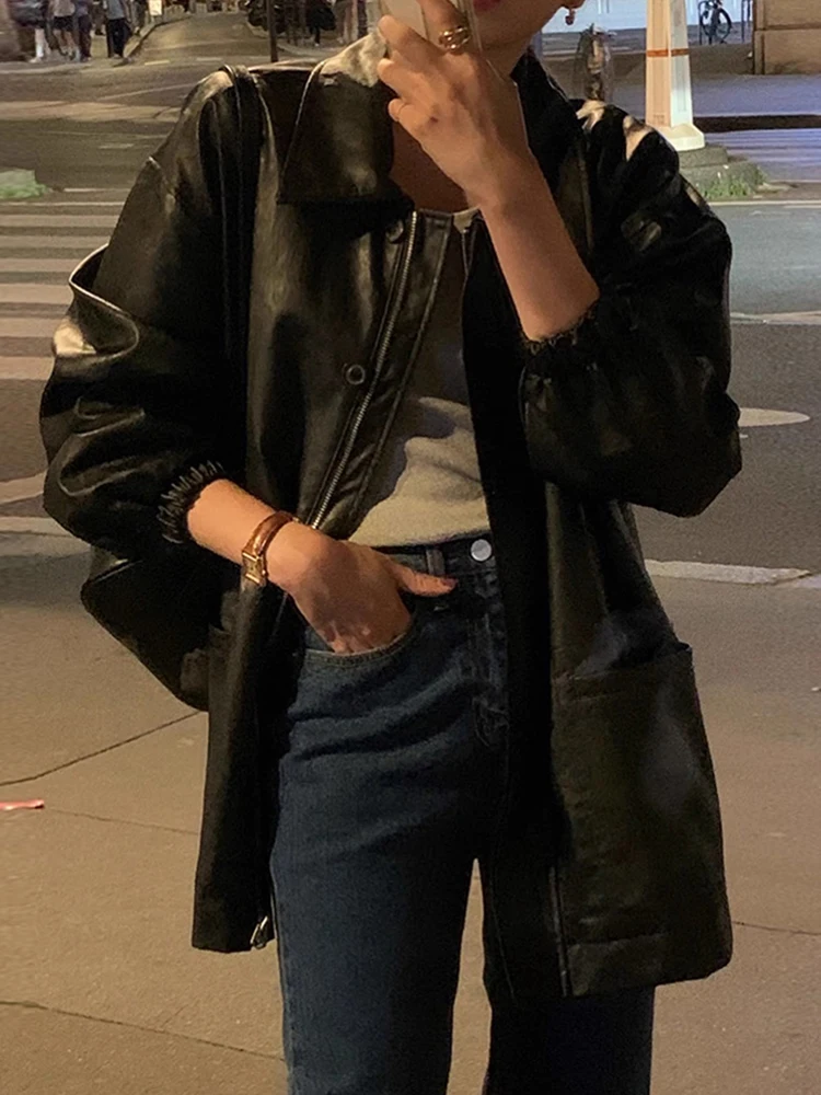 Sli Autunno PU Pelle Jaet Cappotto da donna con colletto con cerniera vestibilità ampia con grandi kets Capispalla lungo da pendolarismo alla moda