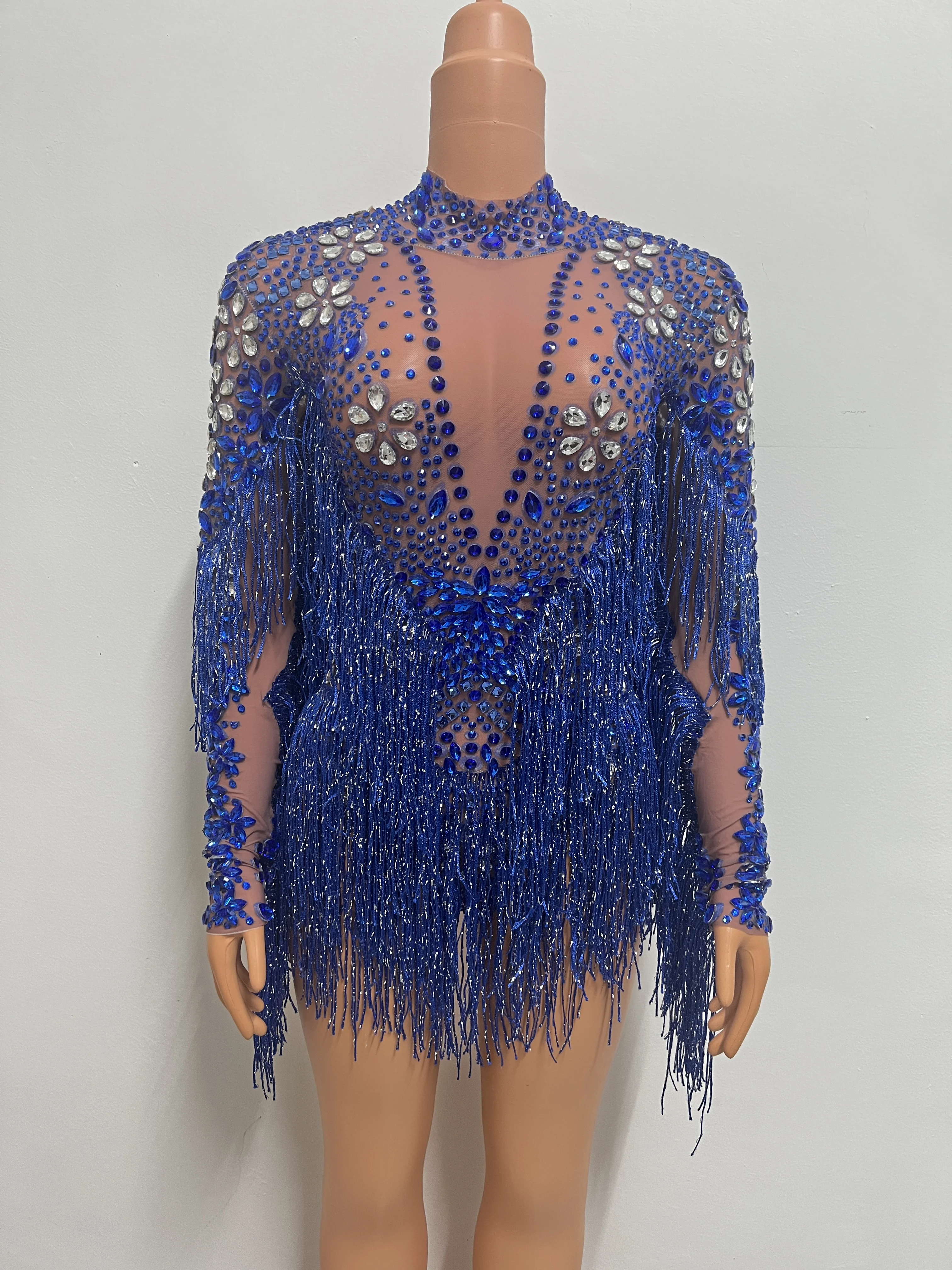 Blue Silver Rhinestones Transparent Fringe Bodysuit Birthday Celebrate Long Sleeves Dance  Women Singer Outfit shenlan