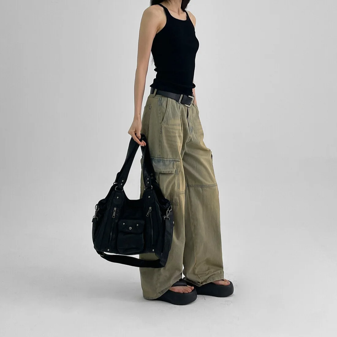 

American Retro Large Capaci Multi-ket Spicy Girl Original Bag High Quali Bla Single oulder Crossbody Bag for Women