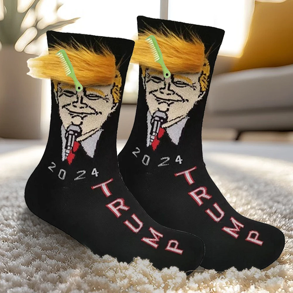 Funny and Funny Donald Trump Presidential Socks With 3D Fake Hair Round Neck Socks for Men's Street Clothing Hip Hop Socks