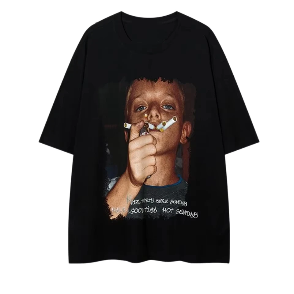 

Новая футболка с короткими рукавами и принтом в стиле ретро Dark High Street Trend, высококачественная хлопковая повседневная мужская и женская футболка