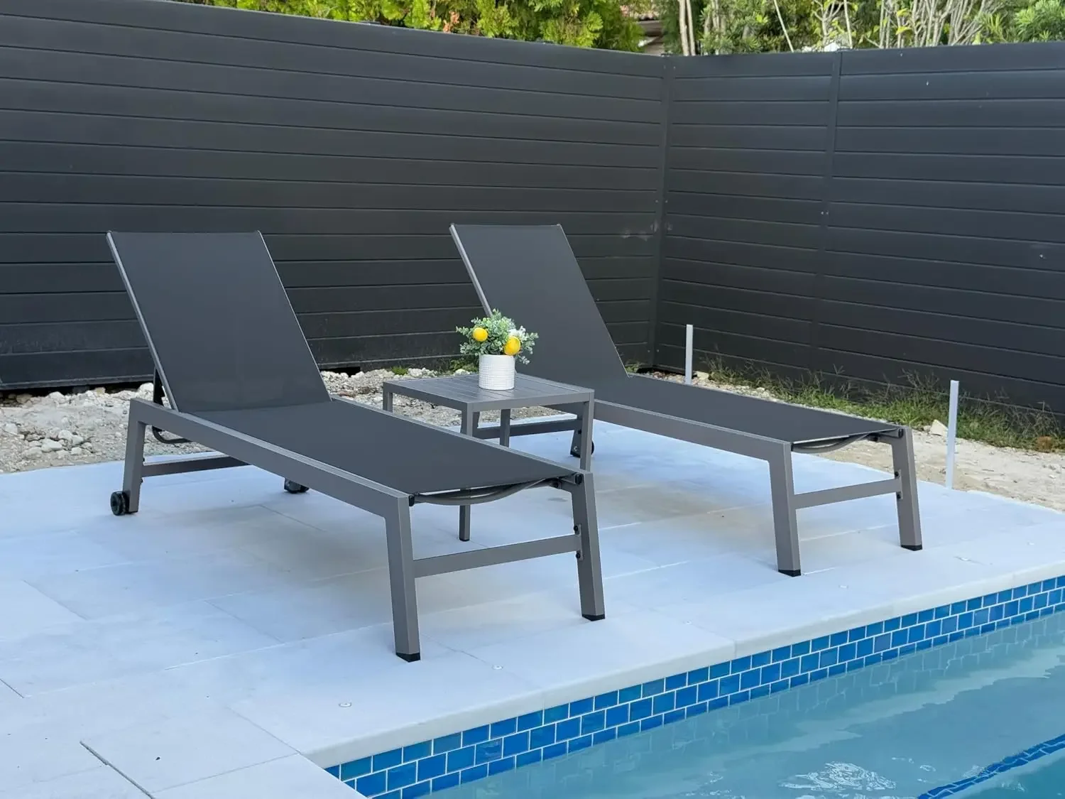 Lounge Chair Outdoor Set for 2, Quick-Dry Fabric, Grey | Powder-coated aluminum holds 270 lbs, quick-dry Textilene mesh, 5-posit