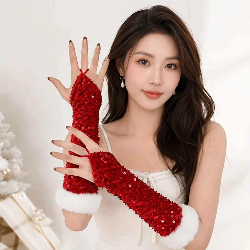 Christmas White Faux Fur Cuff Red Glitter Sequin Gloves Women Holiday New Year Party Wedding Photo Evening Performance