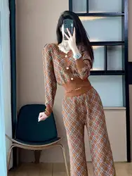 Women Tracksuit Autumn Fashion Plaid Knitted Set Long Sleeve Cardigan Sweater + High Waist Wide Leg Trousers Casual 2 Pieces Set