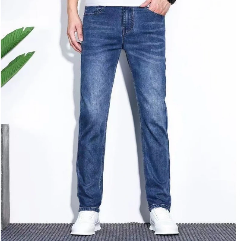 Man Denim Pants Blue Baggy Trousers Man's Adult Clothing Casual Jeans Business Straight Leg Stretch Sportseear Slim Fit Solid