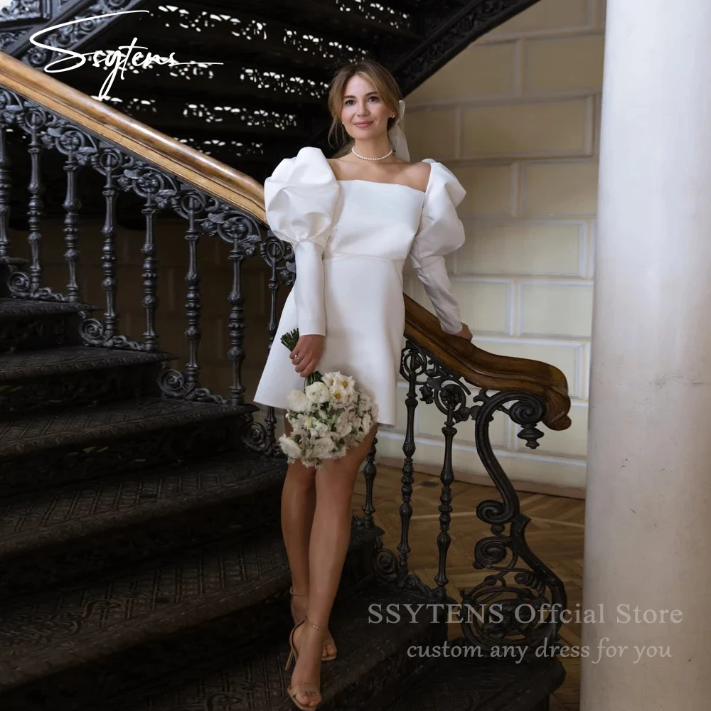 SSYTENS Elegant Satin Mini Wedding Dresses Long Puff Sleeves Bride Dress Short Above Knee Pearls Bespoke Backless Bridal Gowns