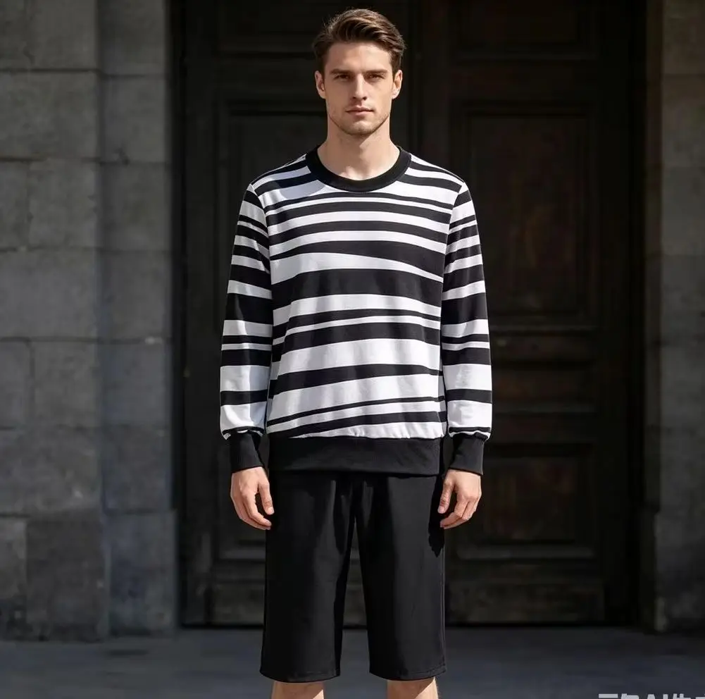 Pugsley Addams Cosplay-Kostüm, schwarz-weiß gestreift, Sweatshirt, Shorts, Set für Erwachsene, Herren, Halloween, Karneval, Party-Outfit