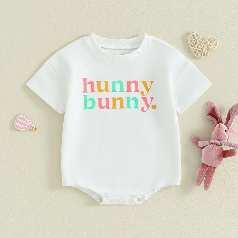 

Infant Easter Jumpsuit Adorable Heart Print Short Sleeve Round Neck Romper Baby Playsuit Newborn Bodysuit Spring Outfit