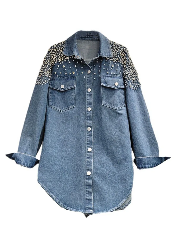 DEAT Fashion Diamonds Loose Denim Shirts Coat For Women 2024 Autumn Trendy New Lapel Long Sleeve Pockets Jacket Females 29L7920