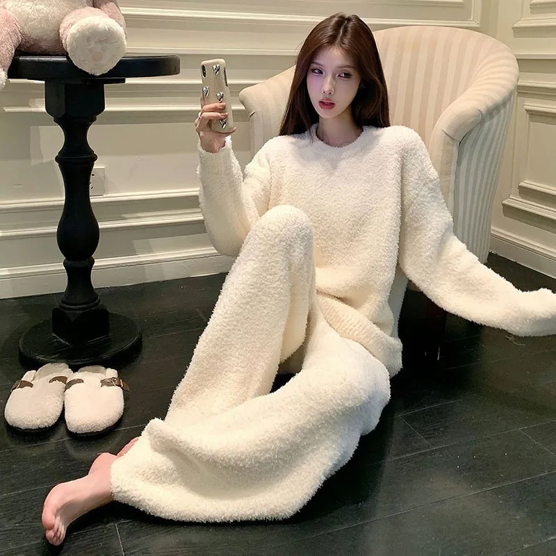 ملابس نوم نسائية نصف صوف شتوية جديدة بلون سادة ملابس منزلية حلوة مريحة ودافئة ومرنة قابلة للانفصال