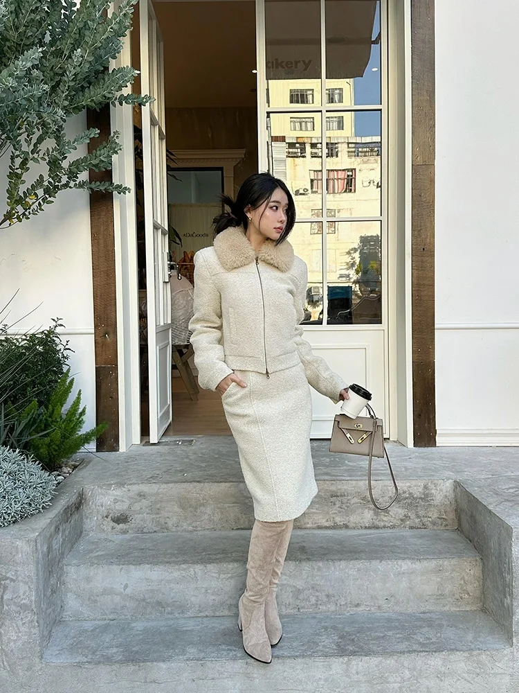 

Syxatn N13 Luxury Lightweight Elegant Commute Coat And Khaki Woolen Skirt Set for Women Fashionable Business Casual Outfit