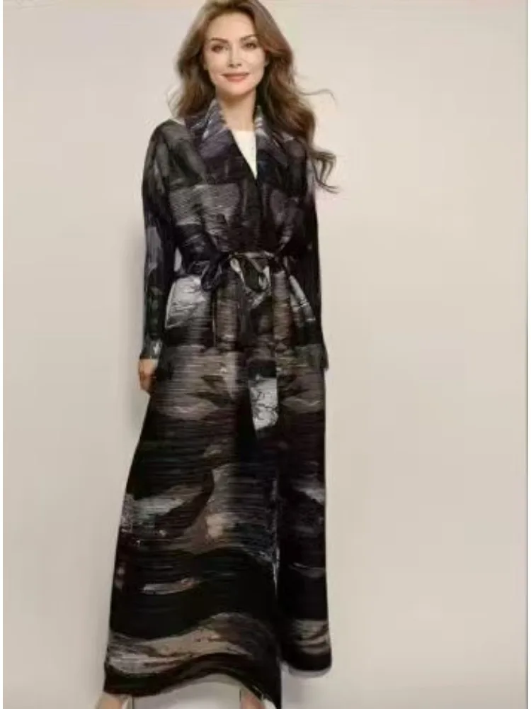 Miyake-cárdigan plisado con estampado de moda musulmana para mujer, chaqueta tipo capa, invierno, 2025