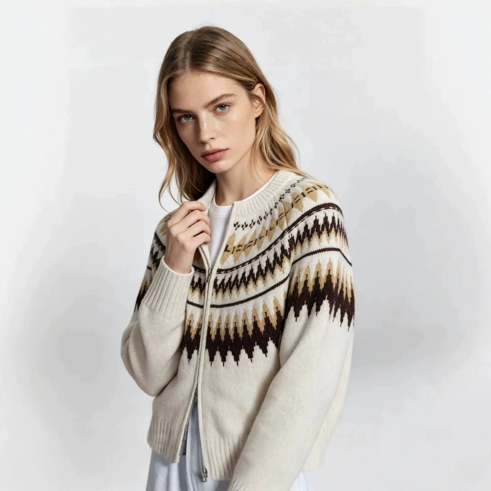 2026 New Women Knit Sweater Coat Fair Isle Pattern Loose Color Block Jacquard Top Double Zipper Knitted Outerwear Spring Autumn