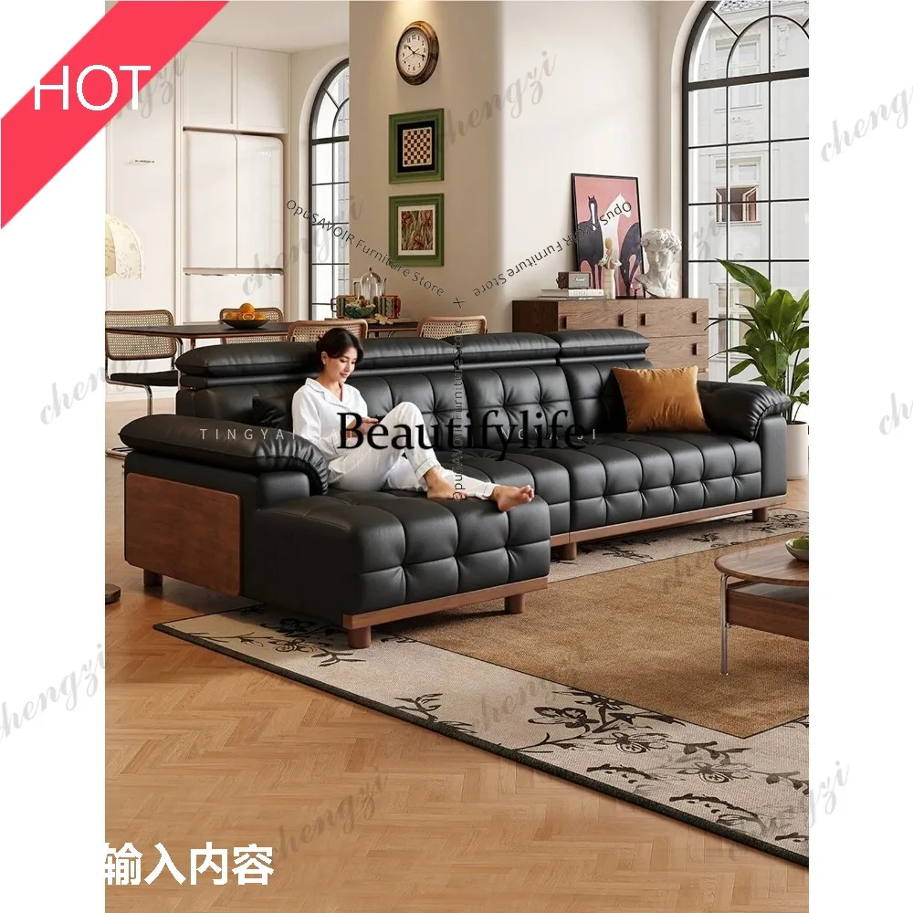 M9344 Mid-Century Modern Solid Wood Living Room Sofa Vintage Top-Grain Leather Retro Living Room Sofa Genuine Cowhide Furniture